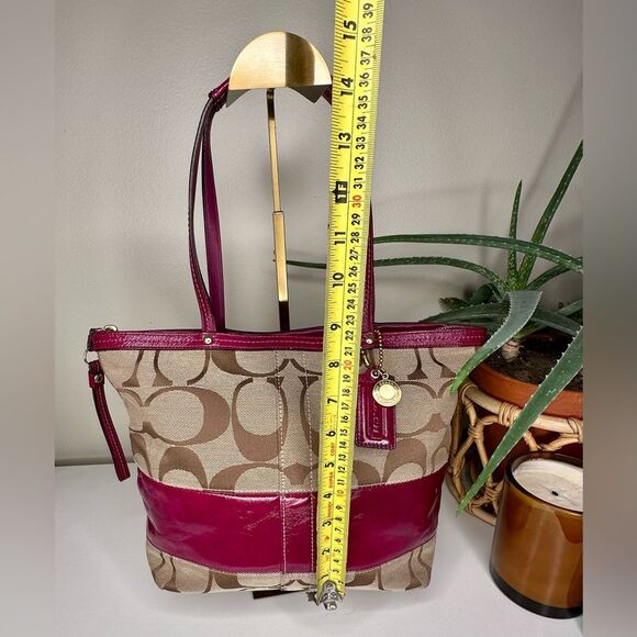 Coach Signature Stripe Tote Bag 12429 Fuchsia Pink Khaki Canvas Leather Y2K Bag - Picture 10 of 11